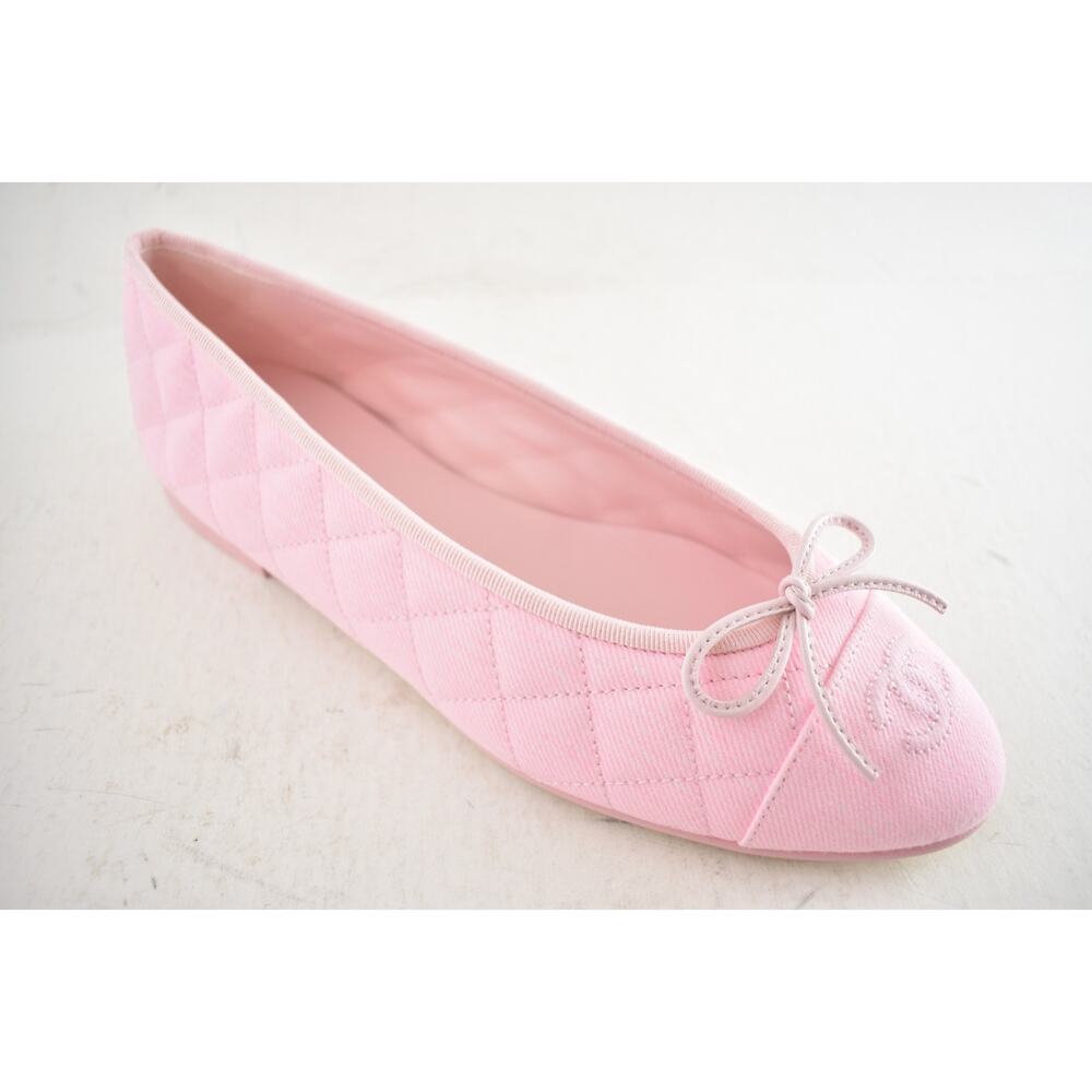 Chanel 26P Light Pink Denim Quilted CC Logo Bow Tie Ballet Ballerina Flat 38 - Picture 8 of 16